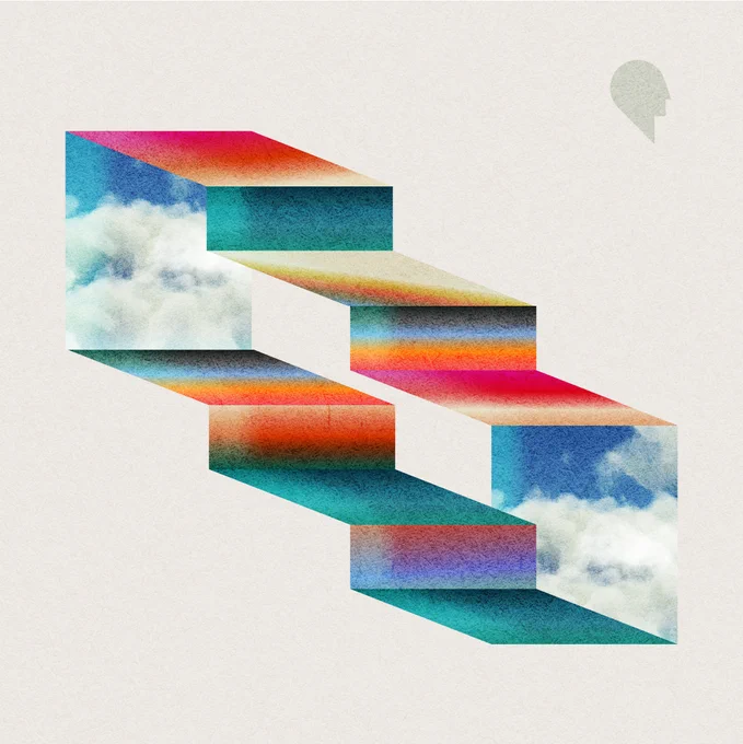 Graphic illustration featuring an abstract staircase with cloud patterns and a gradient of rainbow colors, set against a textured beige background.