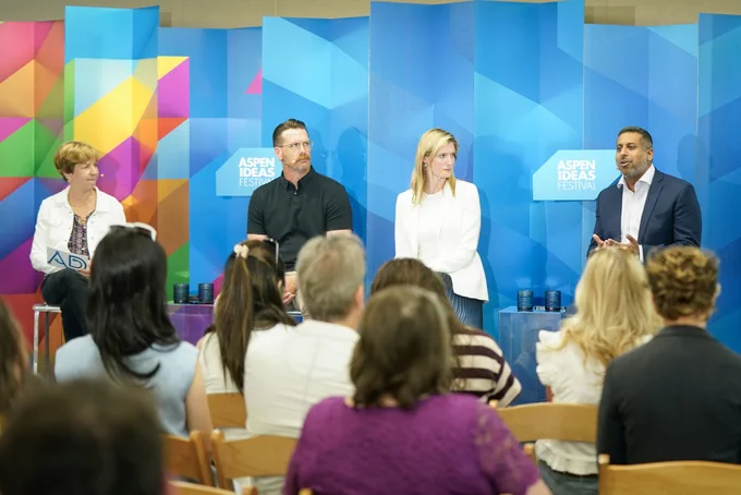 Vivian Schiller on stage at Aspen Ideas with panelists, from left to right, Klon Kitchen, Alexandra Reeve Givens, and Vilas Dhar.