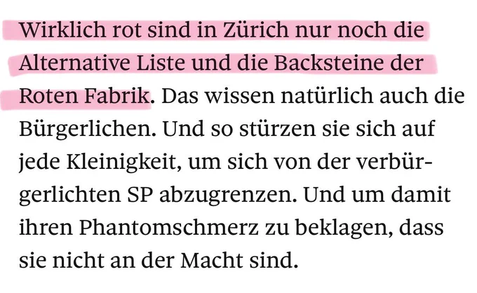Der Tagi lobt die AL als die einzige rote Partei in Zürich.