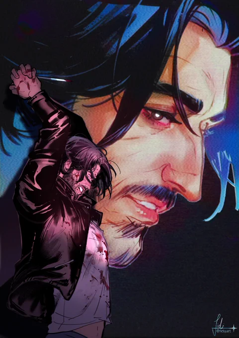 Redraw of the iconic "Perfect Blue" poster, but with my OC Alan (prompted by a challenge on twitter).
He's raising a knife above his head, caught in the act of stabbing someone offscreen. His clothes are drenched in blood, his face wild and murderous, in contrast to the other Alan in the background, who's looking placid but with a sinister glimmer in his eye.