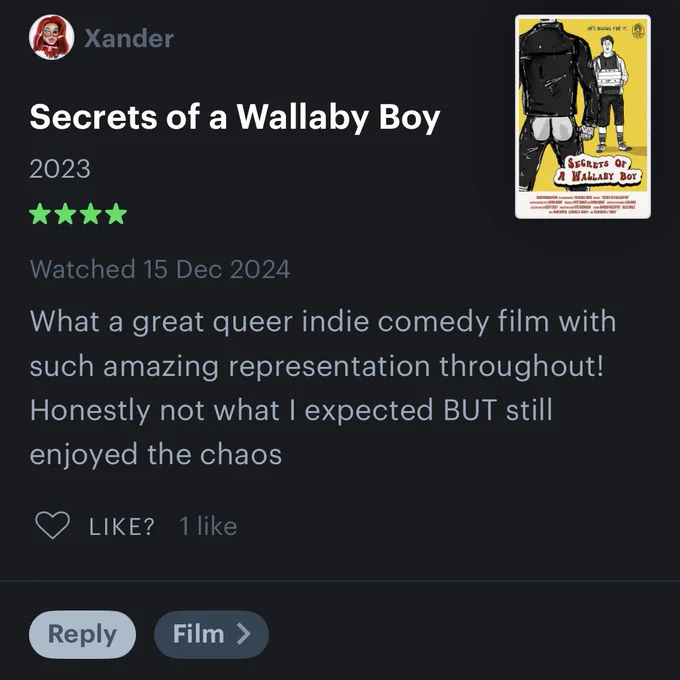 A Letterboxd review of Secrets of a Wallaby Boy by Xander says: “What a great queer indie comedy film with such amazing representation throughout! Honestly not what I expected BUT still enjoyed the chaos”.  Their rating is 4 stars out of 5.
