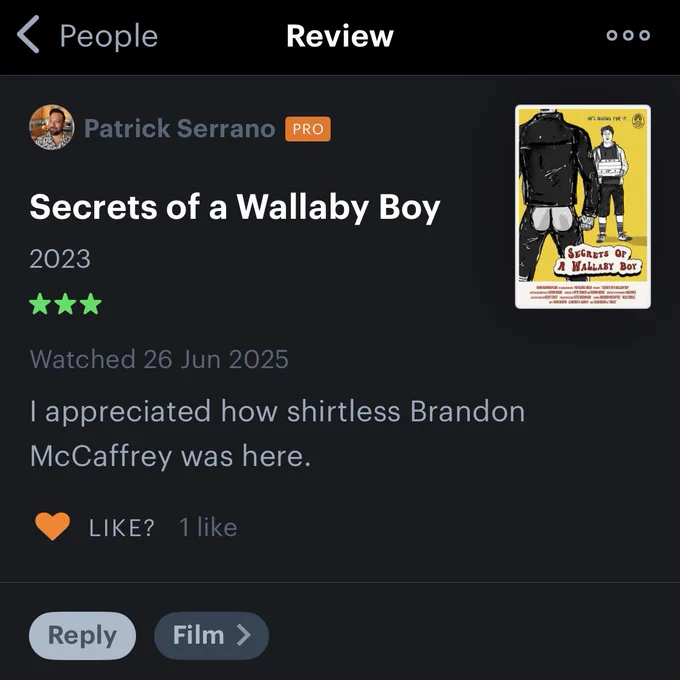 A Letterboxd review of Secrets of a Wallaby Boy by Patrick Serrano says: “I appreciated how shirtless Brandon McCaffrey was here.”  Their rating is 3 stars out of 5.