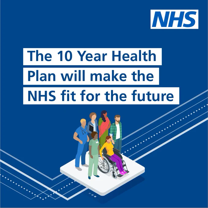 Illustration of a diverse group of 6 people; NHS staff and members of the public. Text reads; The 10 Year Health Plan will make the NHS fit for the future.