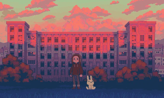 a character listens to music through his headphones, flanked by a rabbit, the Pixel Art Park mascot. In the background, an old disused factory at sunset.