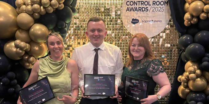 Firefighter (Control) Annmarie Harper, Crew Commander (Control) Nicola Smith & Firefighter (Control) Jamie Brown, at tonight's Control Room Awards 2025, holding their certificates and awards.
