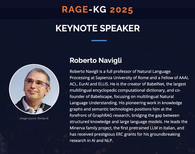 Roberto Navigli, Speaker at the RAGE-KG workshop 2025, co-located with ISWC, Nara, Japan. November 2-3, 2025.