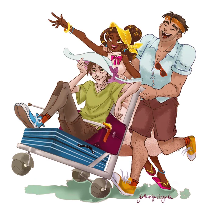 Mel, Jayce, and Viktor finally arrived at their vacation spot and are very cheerful. Viktor is sitting on a luggage trolley, and shielded from with sun through Mel's hat. Jayce is pushing the trolley with one hand on an ecstatic Mel's shoulder.