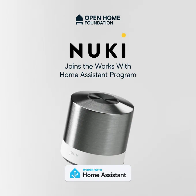 A social graphic made from the header image of the blog post by our graphic artist, Clelia Rella. On a light background is a brushed steel smart lock with a white band on it in the center, with the Works With Home Assistant badge at the bottom of the lock. At the top of the image is the Open Home Foundation name and logo, with the text "Nuki Joins the Works With Home Assistant Program" below it.
