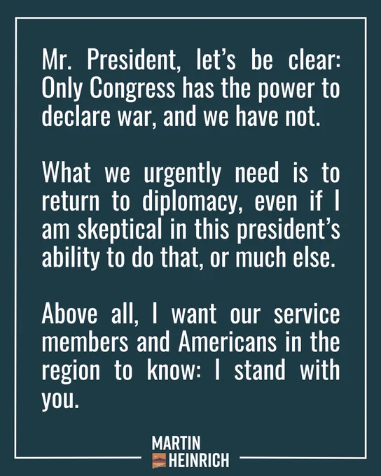 White text on dark blue background: "Mr. President, let’s be clear: Only Congress has the power to declare war, and we have not.

What we urgently need is to return to diplomacy, even if I am skeptical in this president’s ability to do that, or much else. 

Above all, I want our service members and Americans in the region to know: I stand with you."