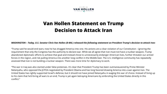 Van Hollen statement on Trump decision to attack Iran.