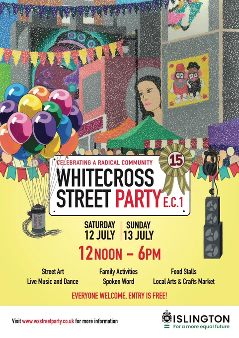 Colourful hand-illustrated poster for Whitecross Street Party 2025 - the main feature is a streetscape showing Whitecross Street murals on buildings, bunting and market stalls. The central Whitecross Street Party EC1 logo is in the form of a street sign. On the left are 15 brightly coloured balloons tied around a spray can and to the right is a speaker stack together with headphones and a mic stand.