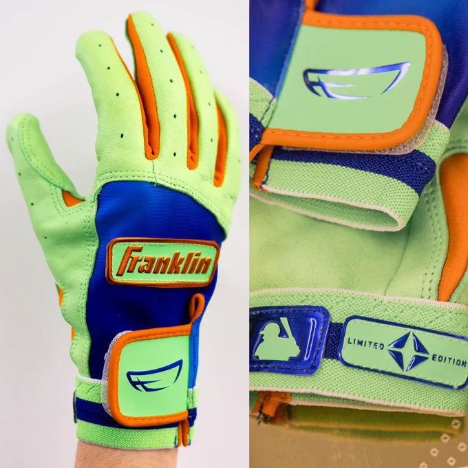 Two photos of Francisco Lindor's Limited Edition Franklin batting gloves. They're green with blue and orange accents.
