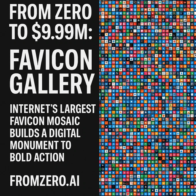 From Zero to $9.99M: Internet’s Largest Favicon Mosaic
#DigitalArt  
#GuinnessWorldRecord  
#Startup  
#Entrepreneurship  
#SocialExperiment  
#InternetInnovation  
#CreativeCommunity  
#WebInnovation  
#OnlineMosaic  
#FaviconGallery  
#DigitalMarketing  
#Crowdfunding  
#PublicLaunch  
#FromZeroToMillion  
#GrowthHacking  
#InternetCulture  
#IndieHackers  
#MakerMovement  
#ArtTech  
#InteractiveArt  
#CreativeTech  
#TechForGood  
#Bootstrapped  
#NoCodeMovement  
#BoldAction  
#ProgressOverPerfection  
#FearlessFounders  
#InternetHistory  
#DigitalInnovation  
#MicroStartups  
#CommunityDriven  
#OwnershipEconomy  
#InternetRealEstate  
#UnstoppableMomentum  
#InnovationLab  
#ProductHunt  
#BuildInPublic  
#PersonalBranding  
#DisruptiveTech  
#VisionaryProjects  
#ExperimentalMarketing  
#EarlyAdopters  
#StartupFunding  
#DigitalAssets  
#NFTAlternative  
#PublicCreativity  
#MissionDriven  
#TechVisionaries  
#LegacyProjects  
#CreativeRisk  
#ZeroToOne  
