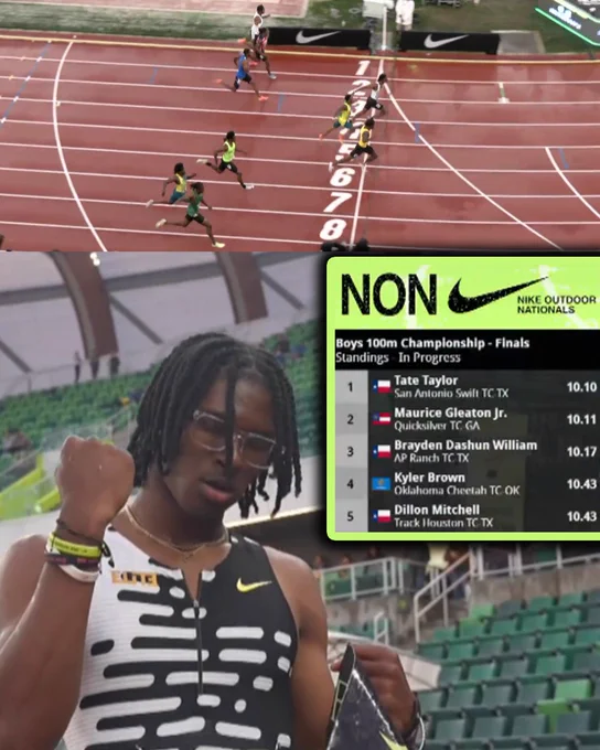 HS 100m national record holder Tate Taylor wins Nike Outdoor Nationals final in 10.10 ( 0.0) in a close finish with Maurice Gleaton.