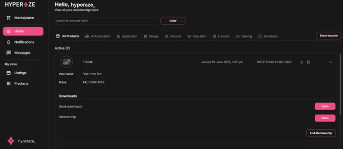 Hyperaze Marketplace Platform Dashboard. How customers will receive their digital products after purchasing.