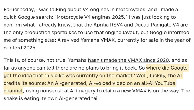 Highlight of section from the article that reads, 'Where did Google get the idea that this bike was currently on the market? Well, luckily, the AI credits its source: An AI-generated, AI-voiced video on an all-AI YouTube channel