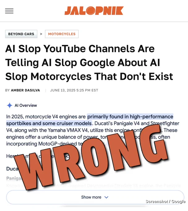 A headline from Jalopnik that says. 'AI Slop YouTube Channels Are Telling AI Slop Google About AI Slop Motorcycles That Don't Exist'
