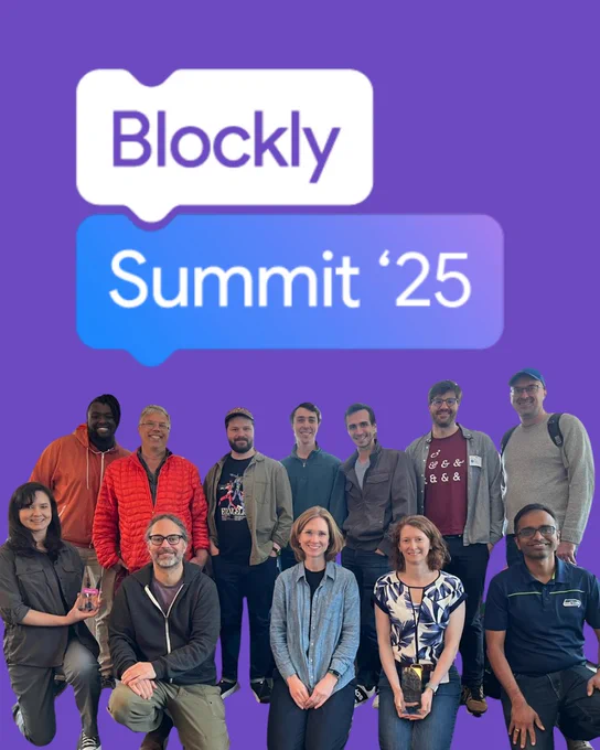 Group photo of the Blockly and MakeCode teams in front of a purple background with the “Blockly Summit ‘25” logo. Everyone is smiling, with two people holding awards.