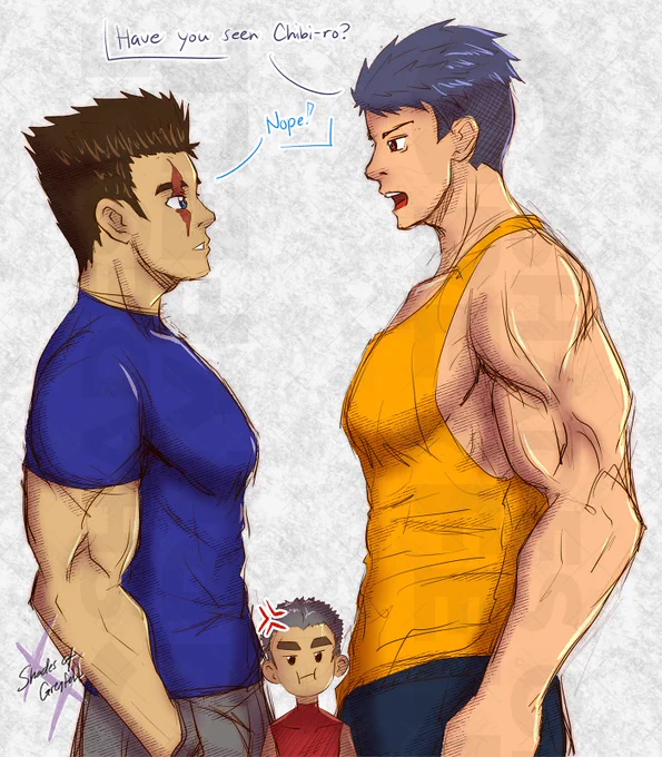Rover at the right, wearing a yellow tank top and dark blue joggers.
Gurei at the left, wearing a tight blue undershirt and his usual gray pants.
Chibi-ro in the bottom middle, looking smol and tiny and looking angrily up towards the two bigger men.

Rover: "Have you seen Chibi-ro?"
Gurei: "Nope!"