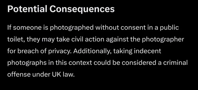 Potential Consequences:

If someone is photographed without consent in a public toilet, they may take civil action against the photographer for breach of privacy. Additionally, taking indecent photographs in this context could be considered a criminal offense under UK law.