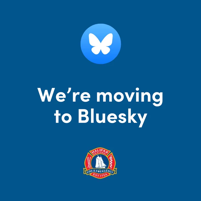 Blue background with the Bluesky logo at the top and the text 'We're moving to Bluesky' with the Halifax Regional Fire & Emergency logo centred at the bottom.
