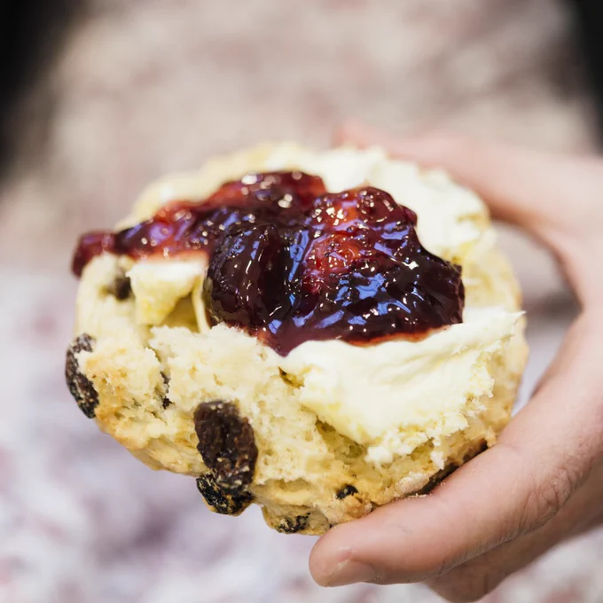 Half a fruit scone topped with clotted cream then jam being held, ready to eat.