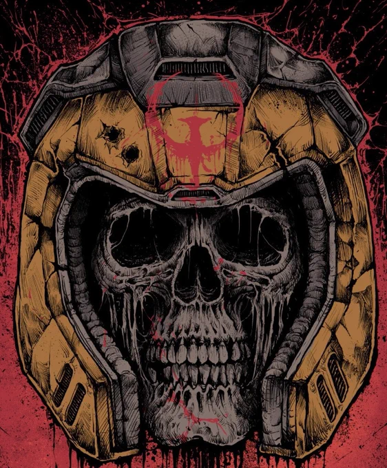 Image of Ranger from Quake with a skull inside their signature yellow helmet and a red “Q” symbol on top.