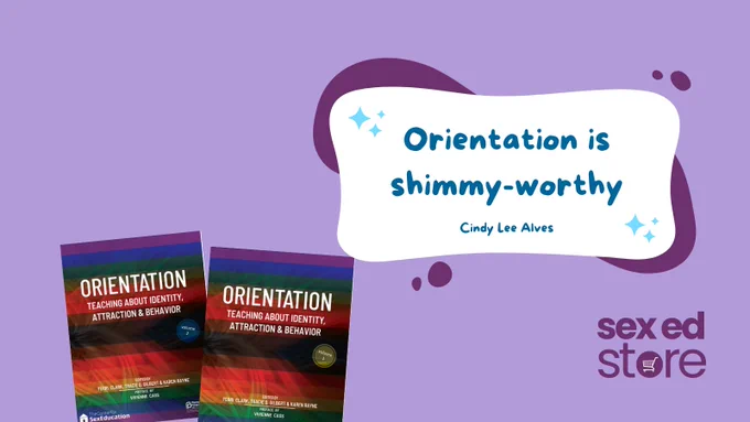 Image has a light purple background. In the left bottom corner are the cover images for Orientation. In the callout bubble is a quote from Cindy Lee Alves "Orientation is shimmy-worthy."