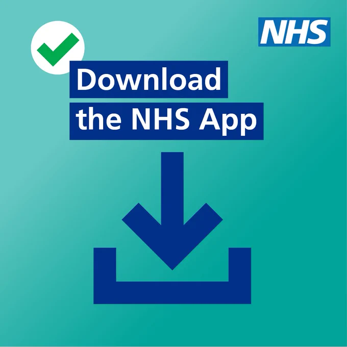 A tick and download icon. Text reads: Download the NHS App. NHS logo is in the top right corner.