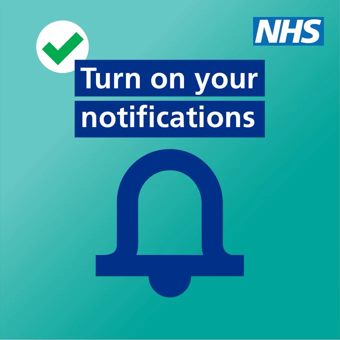 A tick and notifications icon. Text reads: Turn on your notifications. NHS logo is in the top right corner.