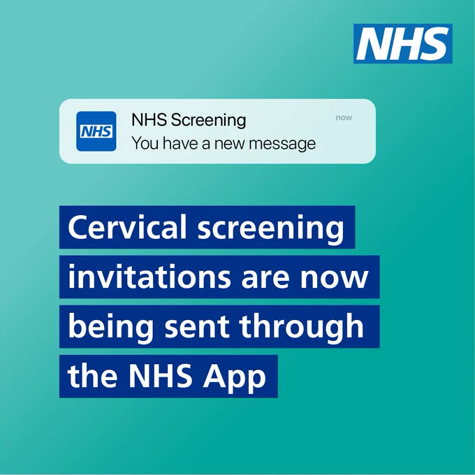 An NHS app style notification that reads "NHS Screening – You have a new message." Text reads: Cervical screening invitations are now sent through the NHS App. NHS logo is in the top right corner.