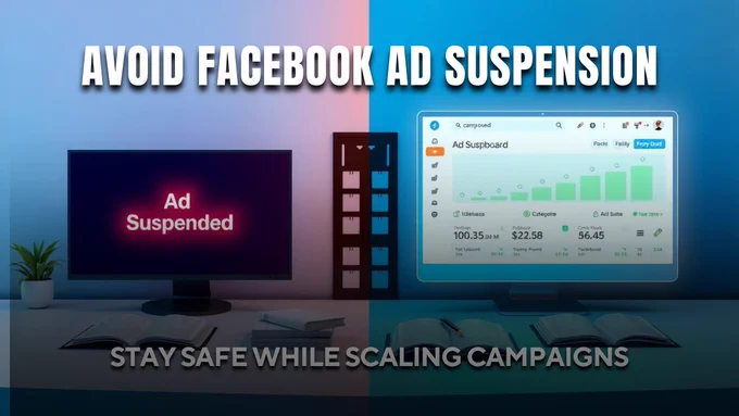 Facebook account flagged for policy violation, then shown fixed with a successful campaign and green approval icon.