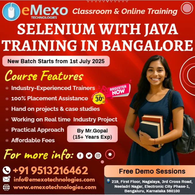 📢Attention Aspiring Automation Testers! @everyone @highlight @followers
🚀Selenium with Java Training in Electronic City Bangalore – Learn Automation Testing from Basics to Advanced at eMexo Technologies!
🎉🔥 Limited-Time Offer: Get 30% OFF on our Selenium with Java Certification Course in Electronic City Bangalore – Available in Online & Offline Batches!
Want to launch a high-demand career in Automation Testing, QA Engineering, or Test Automation Framework Development? Join eMexo Technologies, the Best Selenium Training Institute in Electronic City Bangalore, and gain hands-on experience with real-time projects, expert instruction, and career-focused learning.
✅ Why Choose Our Selenium with Java Course in Electronic City Bangalore?
 🔹 Comprehensive Curriculum – Master Core Java, Selenium WebDriver, TestNG, JUnit, Cucumber (BDD), Maven, POM Framework, Data-Driven Testing, and Automation Frameworks
 🔹 Real-Time Projects – Work on real-world automation scenarios to build hands.
