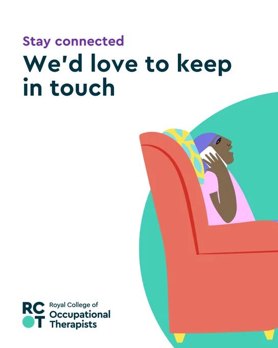 Text reads “Stay connected – We’d love to keep in touch,” featuring an illustration of a person sitting in an armchair, smiling while talking on the phone.