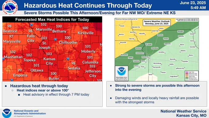 A weather graphic displaying a map with max forecasted heat indices and the severe weather outlook for today.