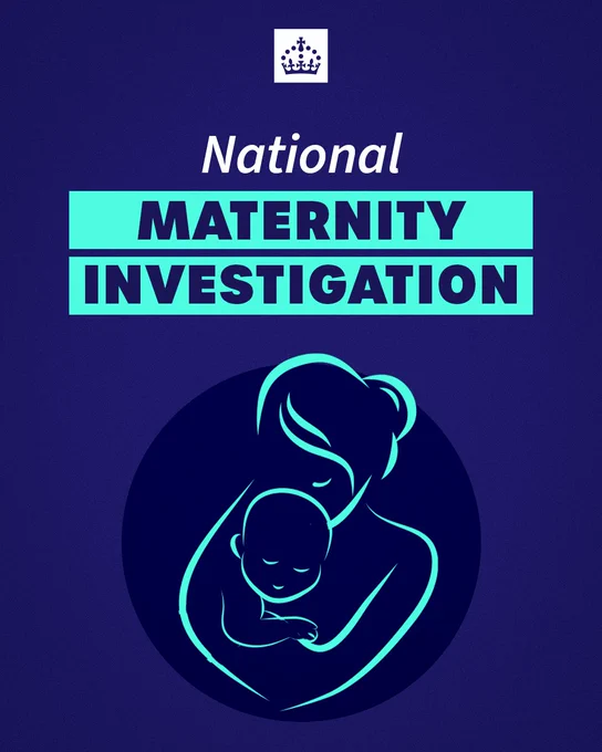 Line drawing of a mother and child. Text reads "National maternity investigation"