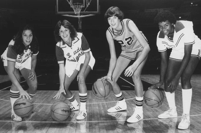 Four of the country’s top-rated women’s college basketball players pose during a press conference at Madison Square Garden in New York, Nov. 10, 1981 to announce the details for the third Manufacturers Hanover Women’s Christmas Classic invitational tournament. Pictured from left: June Olkowski, Rutgers; Chris Dailey, Rutgers; Anne Donovan, Old Dominion; and Valerie Walker, Cheyney State. (AP Photo/Dave Pickoff)