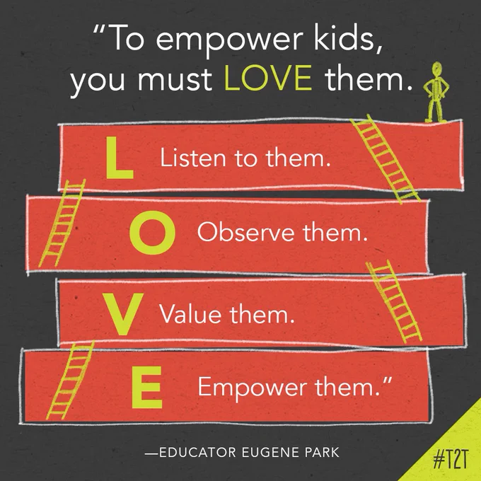 "To empower kids, you must LOVE them. L - Listen to them. O - Observe them. V - Value them. E - Empower them." —Educator Eugene Park