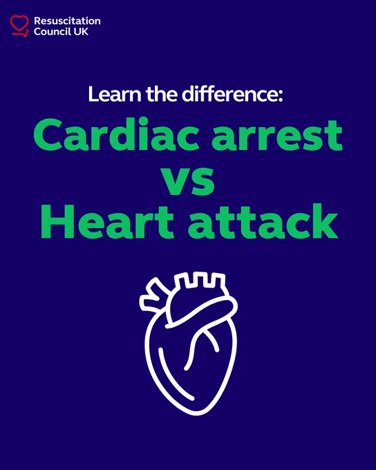 "Cardiac arrest VS Heart attack" above an illustration of a human heart, all set against a dark blue background.