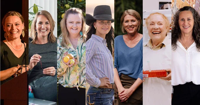 Collage of seven images of individual women smiling and dressed in various attire including business, casual, and workwear, engaged in different activities. They are the seven national finalists for the 2025 AgriFutures Rural Women's Award.
