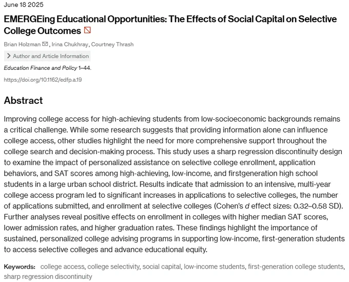 This study uses a sharp regression discontinuity design to examine the impact of personalized assistance on selective college enrollment, application behaviors, and SAT scores among high-achieving, low-income, and first-generation high school students in a large urban school district. Results indicate that admission to an intensive, multi-year college access program led to significant increases in applications to selective colleges, the number of applications submitted, and enrollment at selective colleges (Cohen’s d effect sizes: 0.32–0.58 SD). Further analyses reveal positive effects on enrollment in colleges with higher median SAT scores, lower admission rates, and higher graduation rates. These findings highlight the importance of sustained, personalized college advising programs in supporting low-income, first-generation students to access selective colleges and advance educational equity.