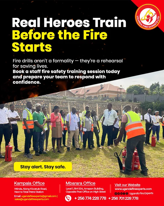 True heroes get ready before the flames start! 🔥 Equip your staff with #firesafety knowledge and skills to respond effectively to any fire outbreak. @UgandaFireExperts   offers comprehensive #firesafetytraining. 

Contact us to inquire! 

📞‪‪ 256 774 228 778‬‬ 

