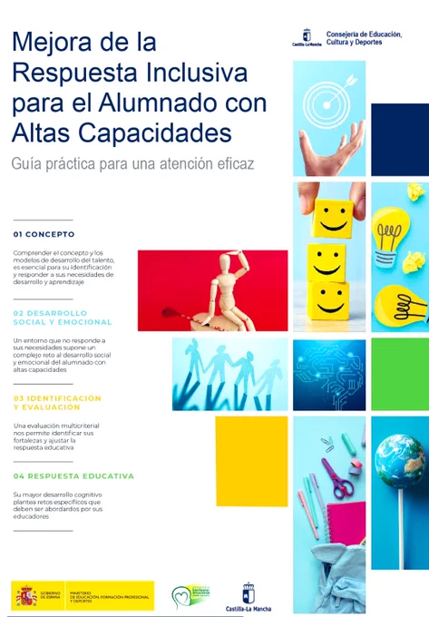 Portada de la Guia Mejora de la Respuesta Inclusiva para el alumnado con Altas Capacidades. Consejería de Educación, Cultura y Deportes de Castilla La Mancha.