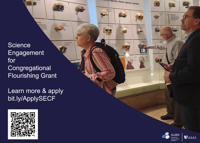 To the right is an image of religious leaders and SECF advisors looking at skulls during a trip to the National Museum of Natural History. To the left, over a navy blue background, is the text, “Science Engagement for Congregational Flourishing Grant. Learn more and Apply bit.ly/ApplySECF”. A QR code and the AAAS DoSER logo sit below the text.