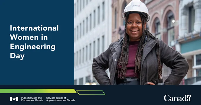 A woman wearing a hard hat and a jacket stands confidently with hands on hips in an urban setting. Text on the image: International Women in Engineering Day. 