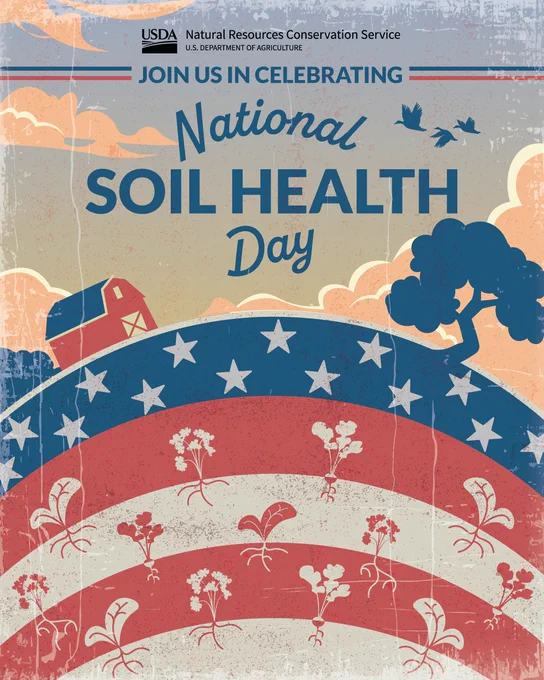 Promotional poster by the USDA Natural Resources Conservation Service for National Soil Health Day, featuring stylized graphics of farmland, trees, and plants over an American flag backdrop.