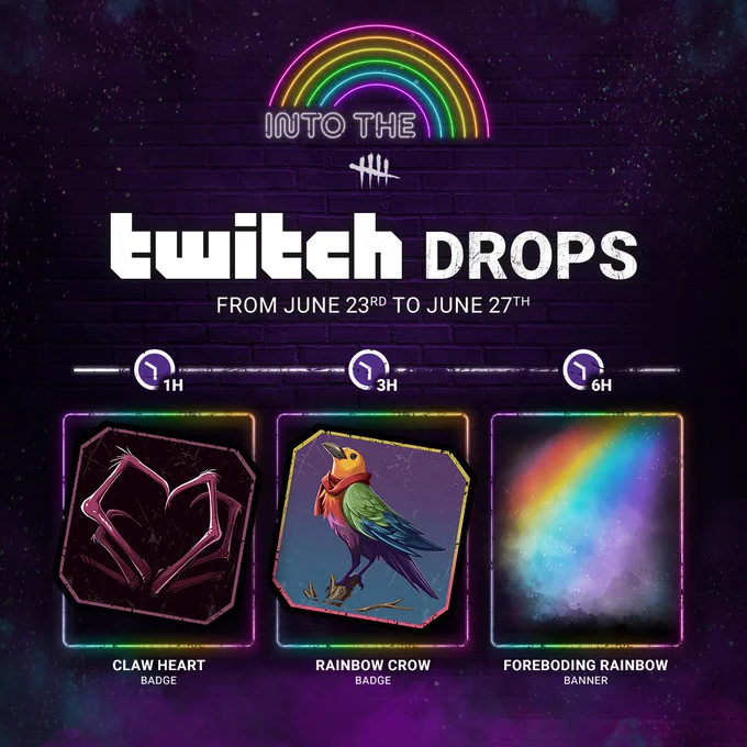 Three rewards against a foggy purple background: Claw Heart Badge, Rainbow Crow Badge, and Foreboding Rainbow Banner.