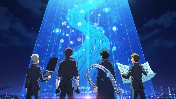 A cinematic anime frame depicts the back view of four agents standing in a line before a towering glass panel that extends upward beyond the frame. The glass panel displays streams of bright blue data flowing like rivers, forming glowing node clusters containing white task icons and identity markers that pulse with light.