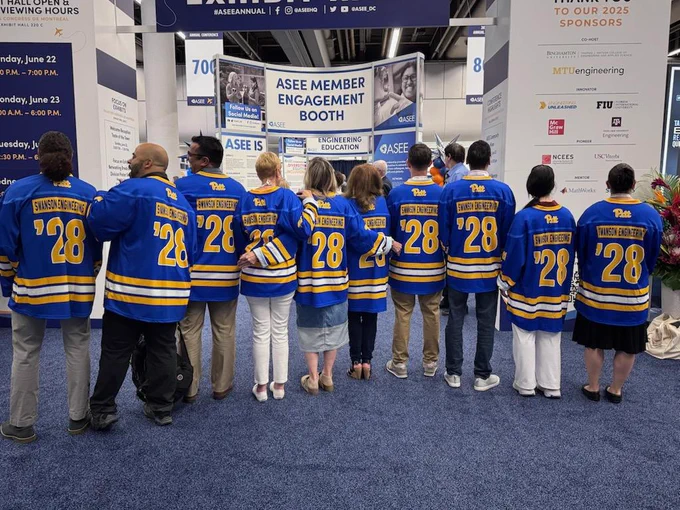 Pitt Engineering teams in hockey jerseys for ASEE 2025 in Montreal
