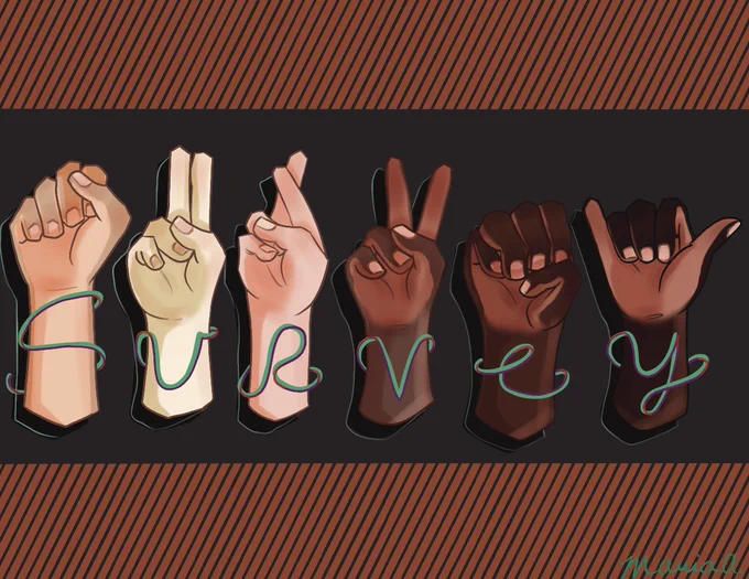  The illustration of 6 hands all spelling out the word “survey” in American Sign Language.

Illustration by Maria Arthur.